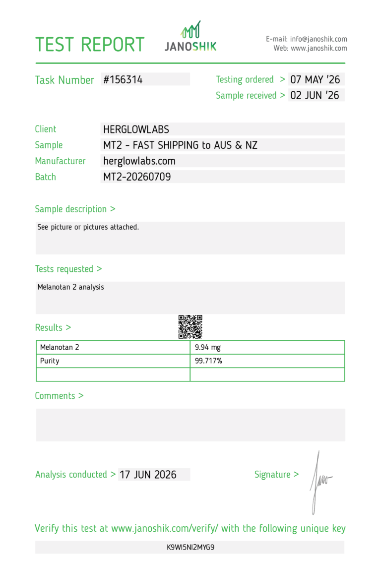melanotan 2 HERGLOWLABS Janoshik COA 99% purity